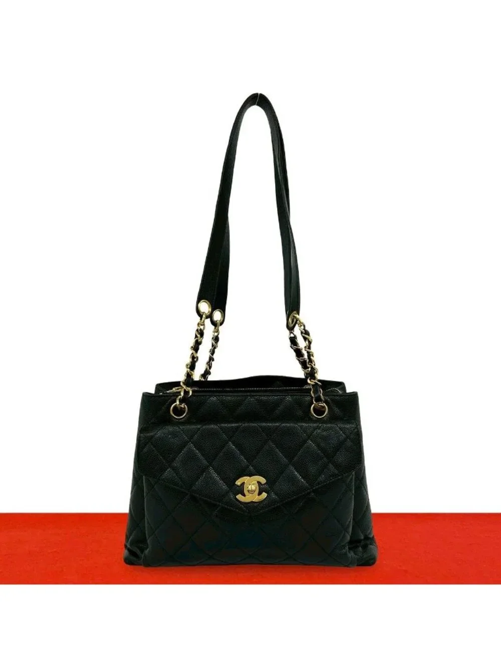 Chanel Vintage Quilted CC Logo Caviar Leather Shoulder Bag Tote Black